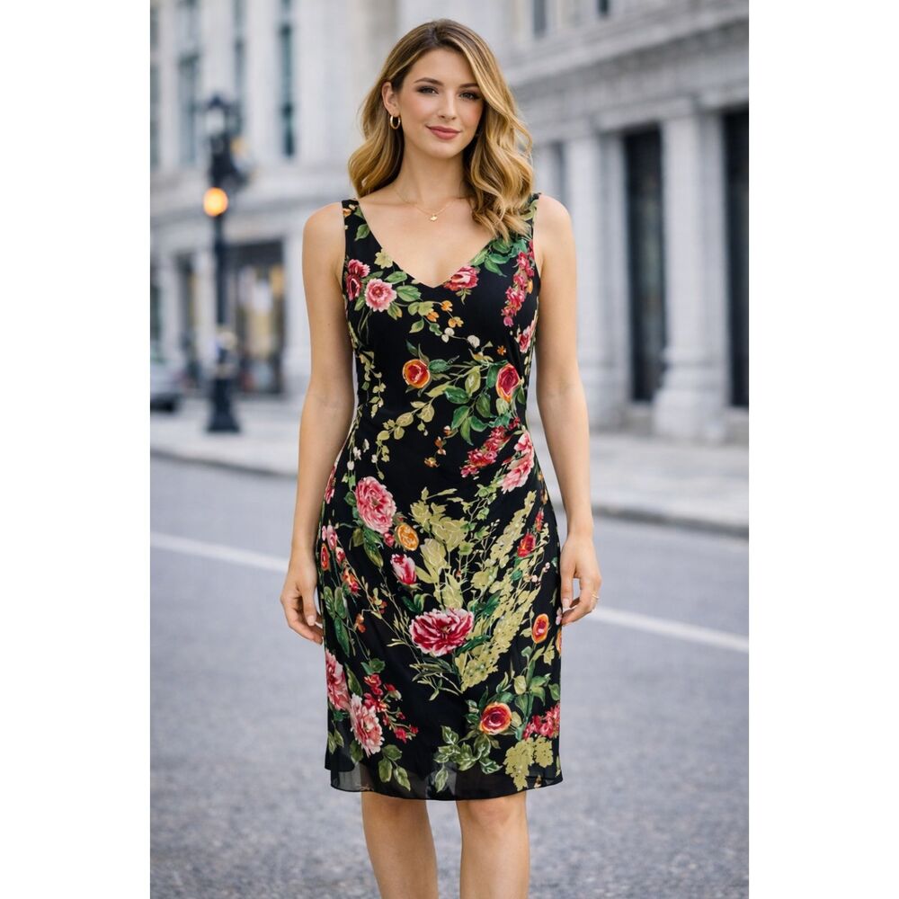 100% Silk Kay Unger Beaded Sequin Dress V-neck Black Floral 4